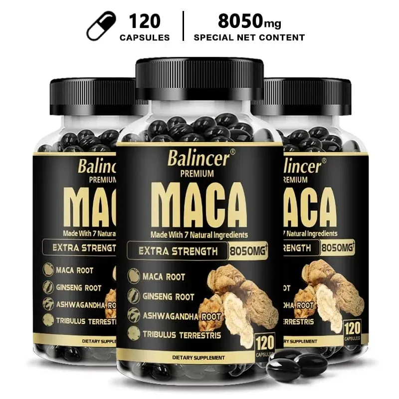 20X Extratos Concentrados Naturais Preto + Vermelho + Amarelo Raiz de Maca Ginseng Coreano Ashwagandha Cápsulas de Raiz de Maca 8050 mg