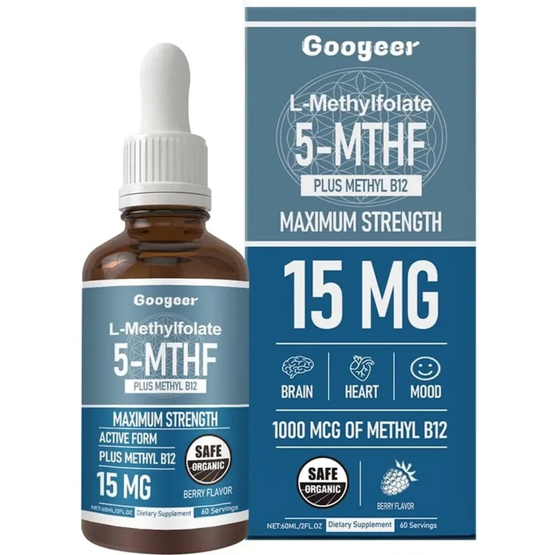 Googeer L-Metilfolato 5-MTHF Gotas Líquidas com Metil B12 15mg 1000mcg Força Máxima Coração Cérebro Humor Suporte 60ml