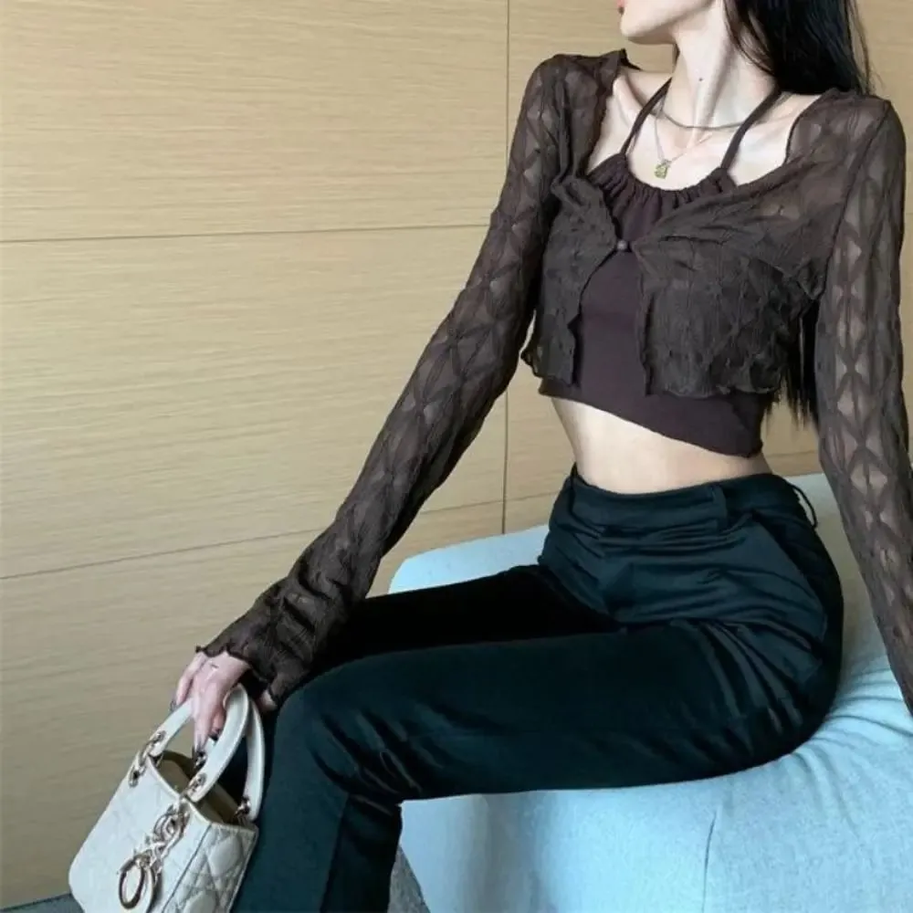 Diy fino cardigans à prova de sol novo fino cor sólida camisolas casual manga longa curto topo verão — image 2