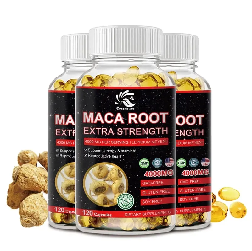 Cápsulas em pó de raiz de maca orgânica Greensure 4000 mg com suplemento de extrato de raiz de maca para homens e mulheres