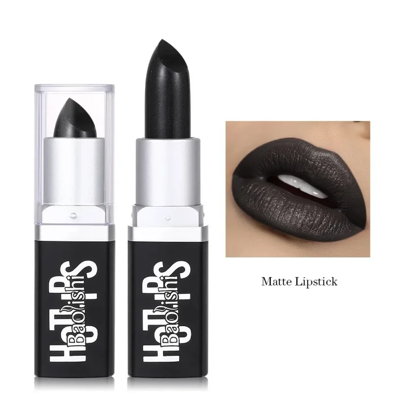 Batom preto fosco perolado textura dupla batom escuro halloween criativo cos maquiagem labial personalizada