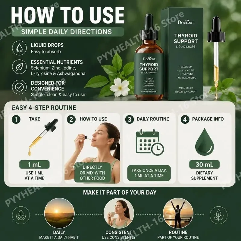 Gotas líquidas de suporte para tireoide com selênio, zinco, iodo, L-tirosina e Ashwagandha para a saúde da tireoide e suporte diário vegano 30ml