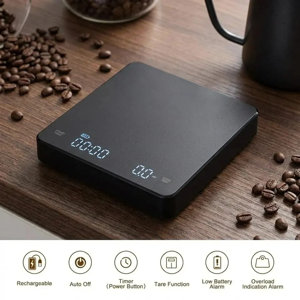 Balança de café expresso digital recarregável USB com temporizador Tela LED 3kg 0,1g Balança de cozinha de precisão Suporte para conversão de unidade g oz ml