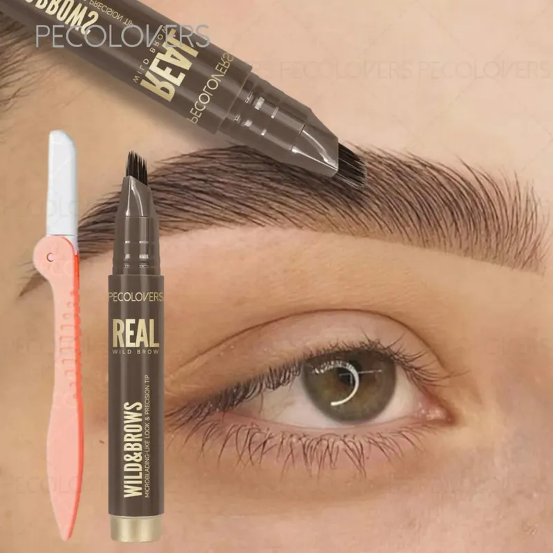 2 PÇS/SET 3D Selvagem À Prova D' Água & Sweatproof Lápis de Sobrancelha & Navalha Mult Ponta Dividida Sobrancelhas Caneta Sobrancelha Portátil para Viagens