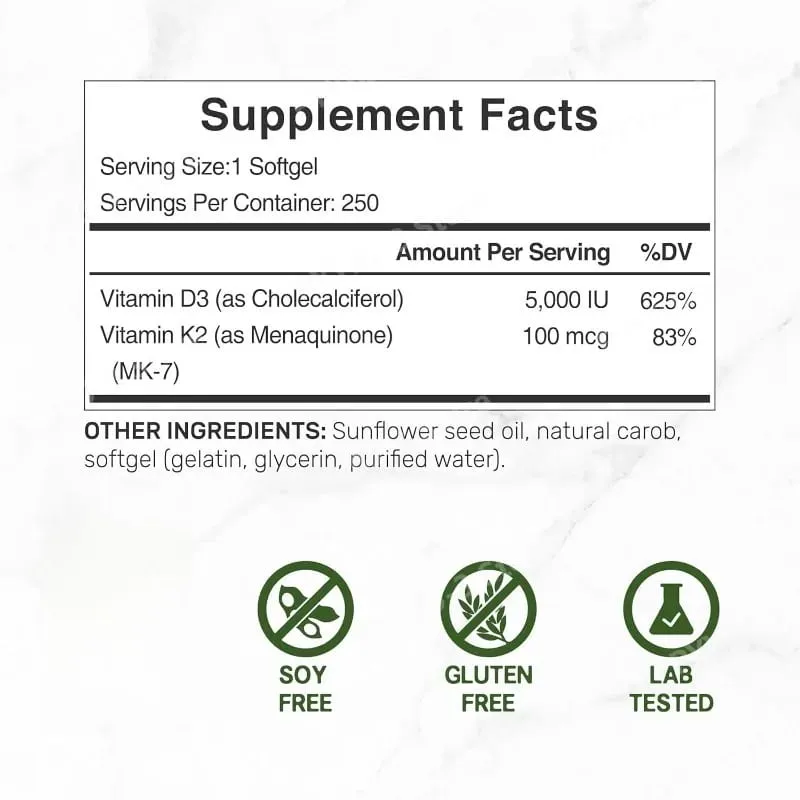 Vitamina D3 + K2 MK7 Softgels 250 Contagem 2 em 1 Complexo Não OGM Sem Soja Sem Glúten Suporte à Saúde Óssea Impulsionador do Sistema Imunológico