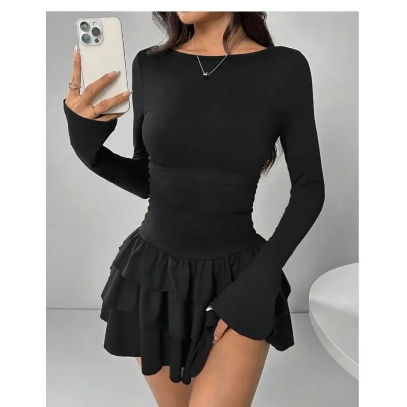 Vestidos temperamento 2025 mulher mini vestidos estilo simples elegante francês bodycon magro plissado moda manga longa deslocamento sexy — image 7