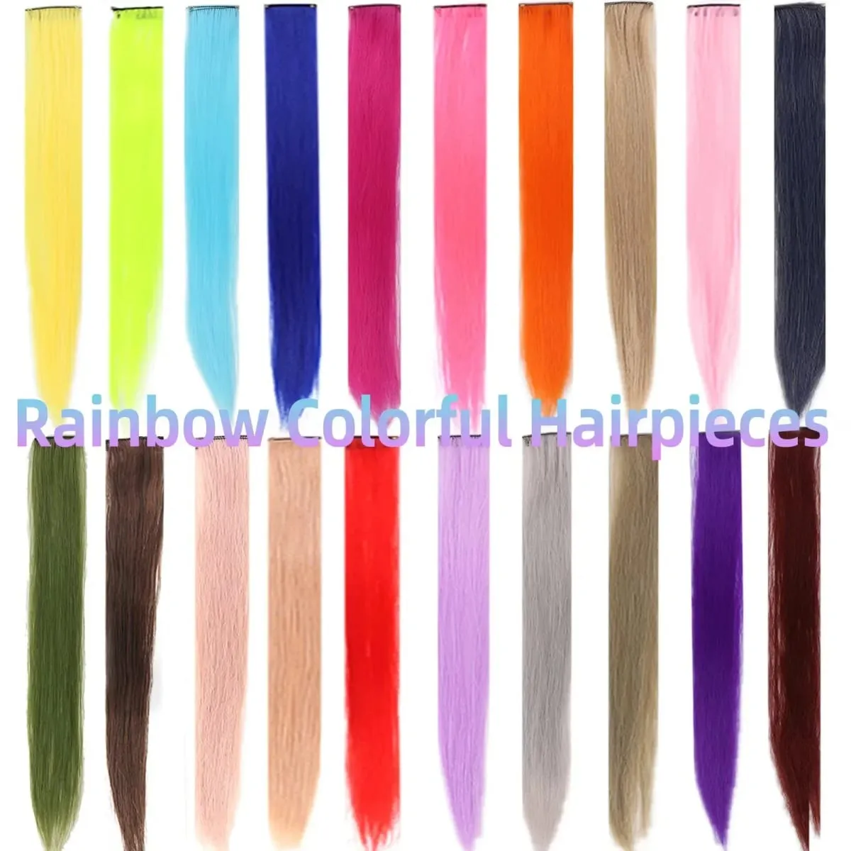 2026 Colored Highlight Hair Extensions 22 Inch Synthetic Rainbow Long Straight Hairpieces Purple Pink Blue for Women Girls Kids
