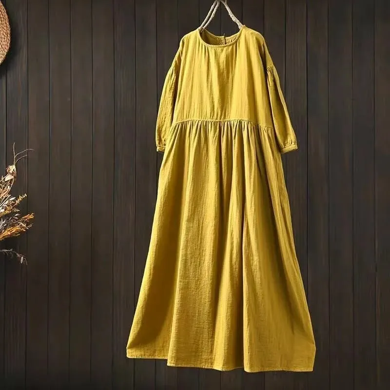Johnature vestidos femininos de algodão vintage, gola redonda, meia manga, macio, cor sólida, roupões, verão 2025, novo, casual, linha a, vestido feminino — image 4