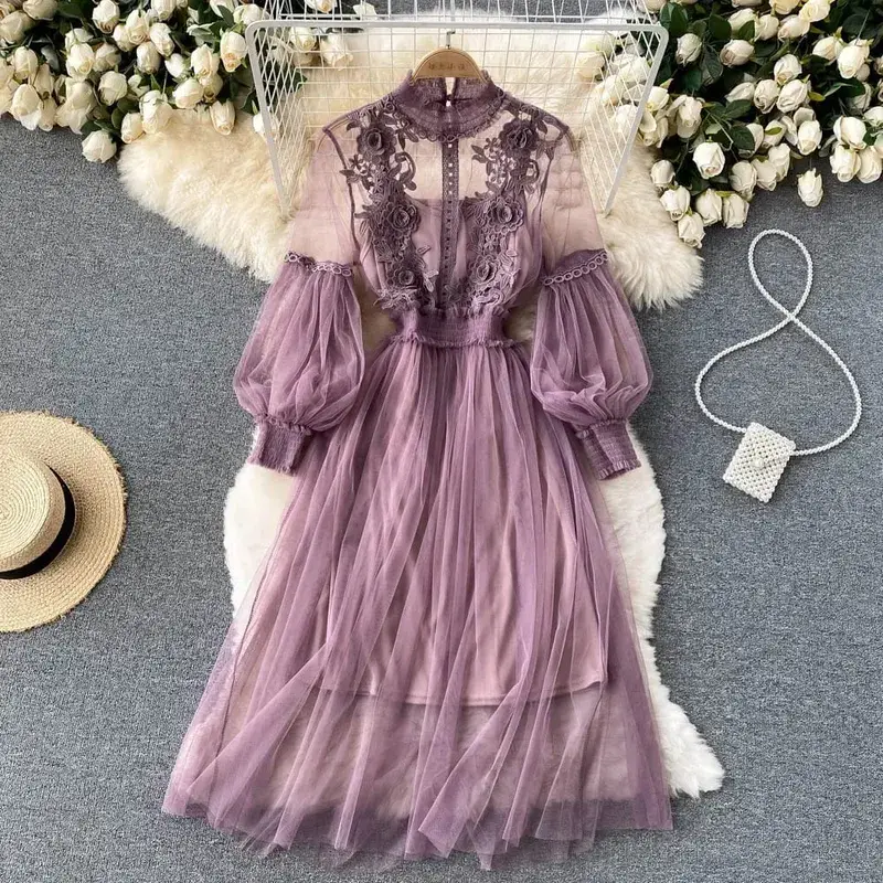Senhoras vestido tridimensional flor gancho malha temperamento gola lanterna manga cintura alta magro vestidos femininos