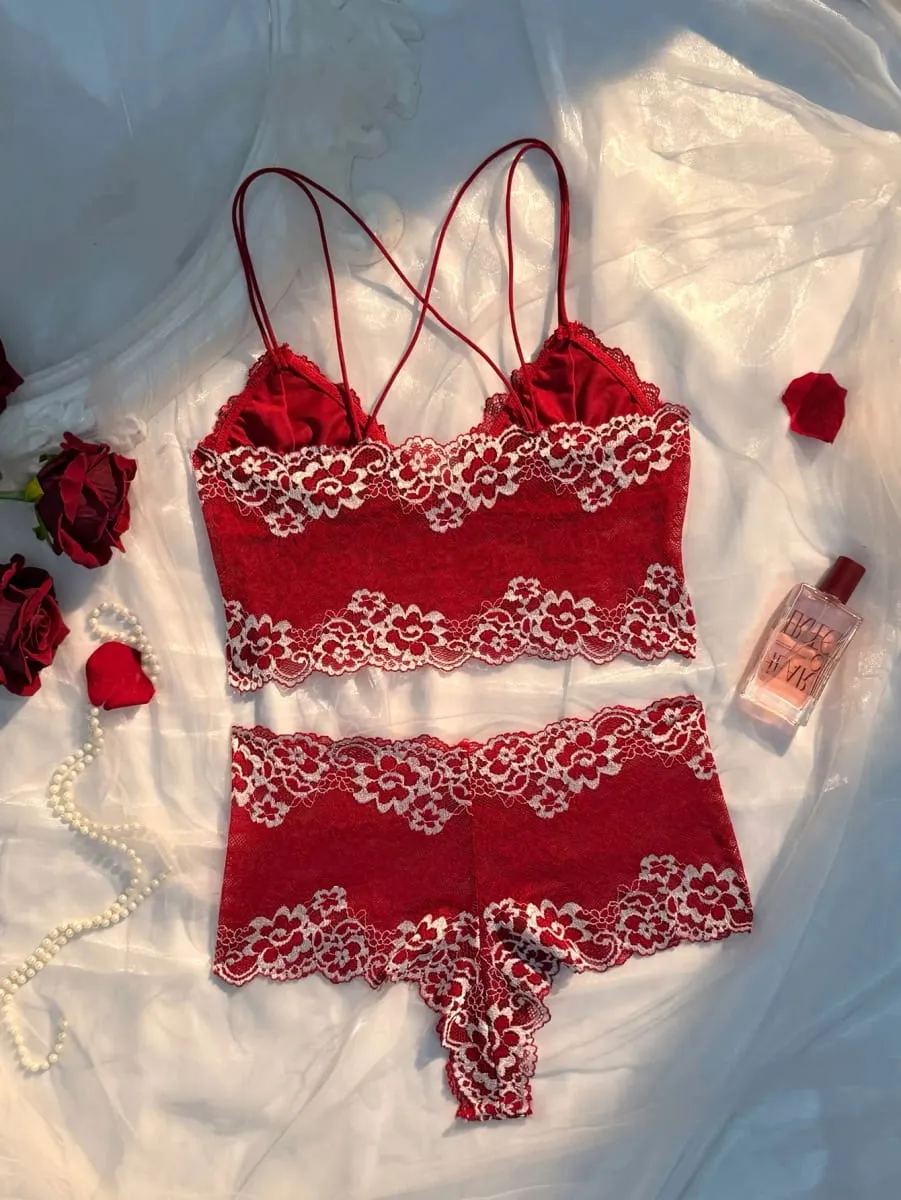 Requintado contraste floral renda estreita malha transparente cruz lindo suspensório traseiro lingerie sexy conjunto de 2 peças 2026