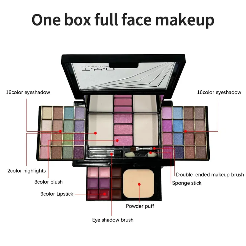 Kit de maquiagem conjunto completo para mulheres, multifuncional, tudo em uma caixa, novo 46 cores, batom, sombra, pincel de sobrancelha, paleta de maquiagem
