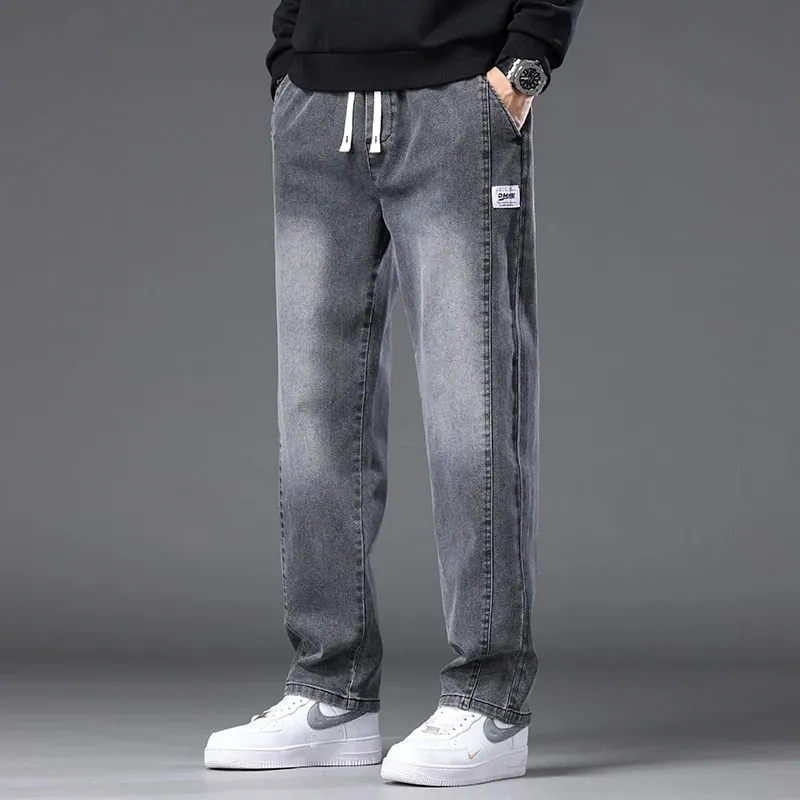 Autumn Winter Blue Jeans Men Drawstring Elastic Waist Cotton Cargo Denim Pants Work Fashion Thick Trousers Male Plus Size M-4XL