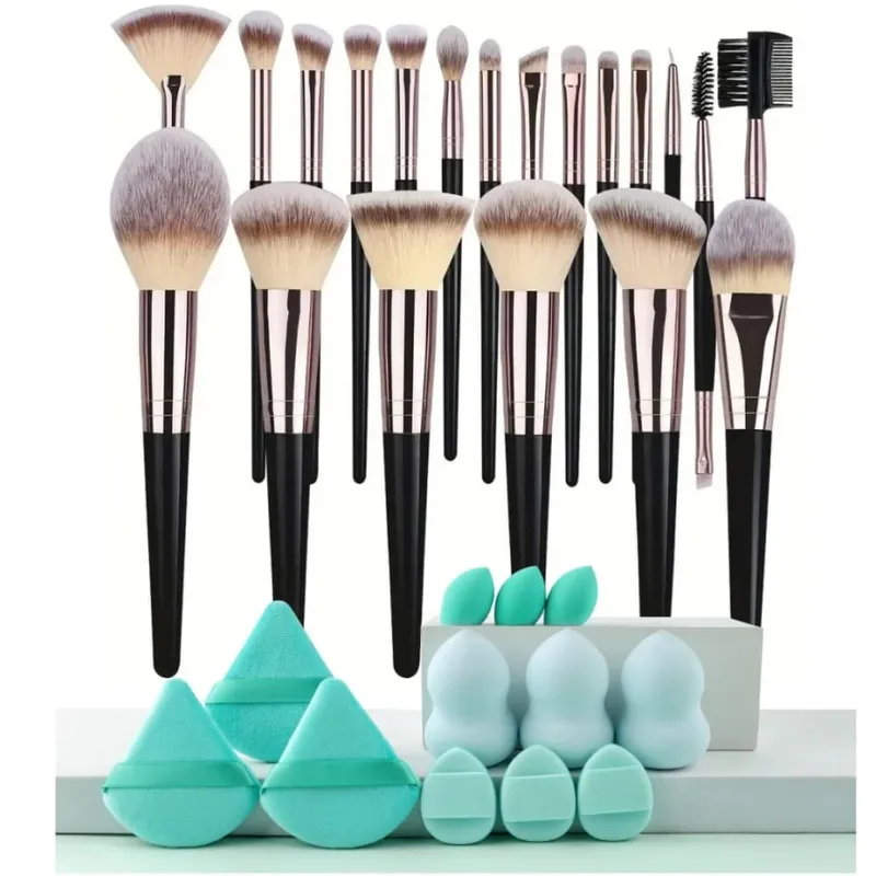 3-20 pçs pincéis de maquiagem conjunto sombra de olho fundação blush iluminador corretivo escova ferramenta de beleza feminina esponjas de polegar puffs