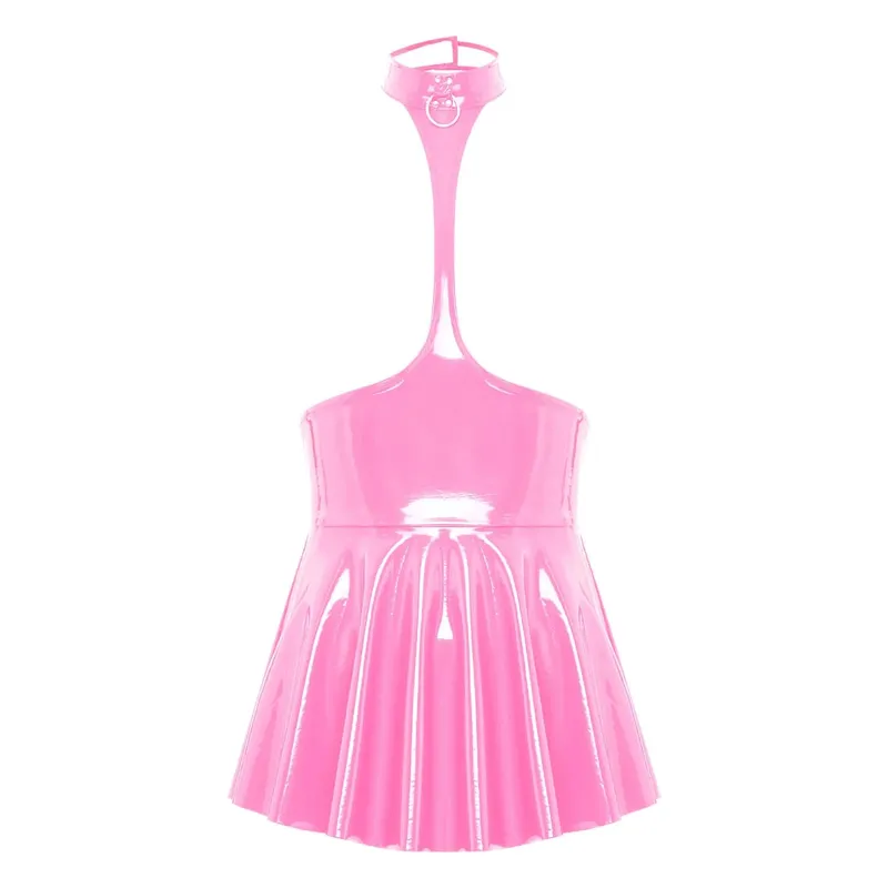 Vestido feminino brilhante metálico falso couro vazado halter costas nuas mini vestido skatista look molhado plissado saia linha festa roupa de balada — image 8