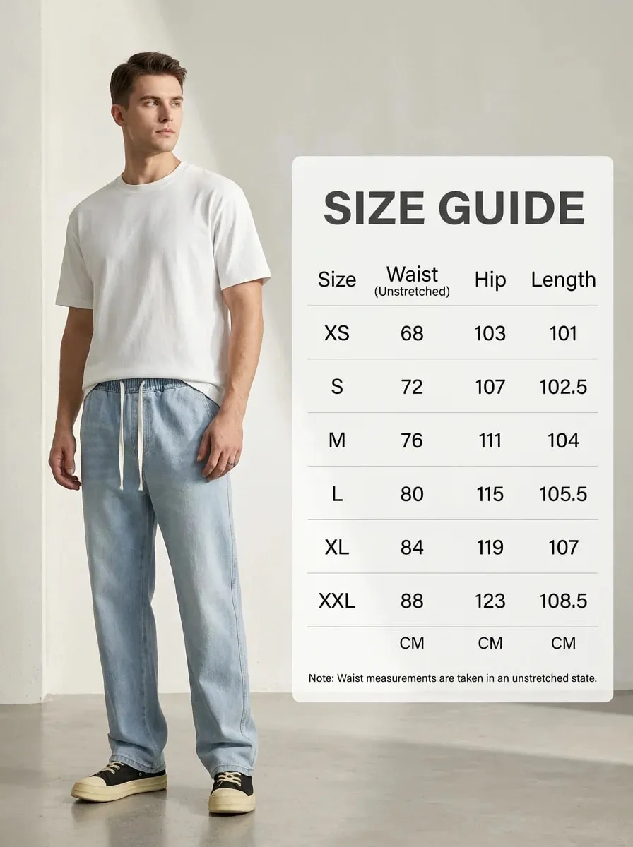 Calça jeans solta masculina, azul claro, cintura elástica, cordão, primavera, verão, outono e inverno, versátil, confortável, ajuste casual, calças jeans