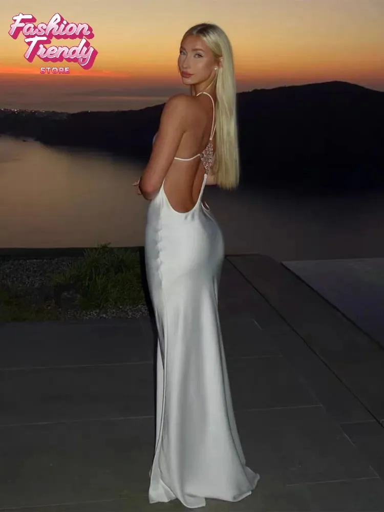 Sólido halter sem costas lado recorte maxi vestido feminino estiramento jérsei até o chão magro bodycon vestidos noite clube férias robe — image 3