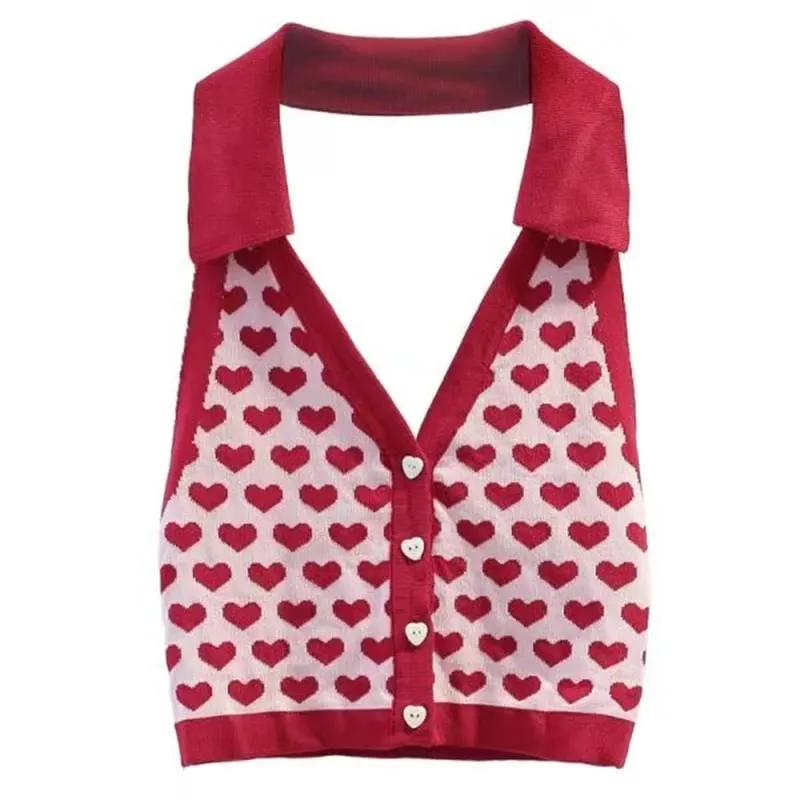 Y2k coração halter colete adolescente botão frontal sem mangas gola colheita superior regata feminina e cami roupa de férias de verão