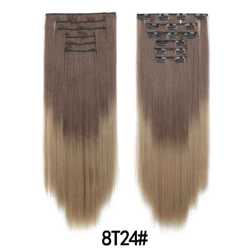 6PCS Set Clip In Hair Extensions 24Inch Long Straight Full Head Synthetic Hair Ombre Gradient Color Daily Use for Women Ladies