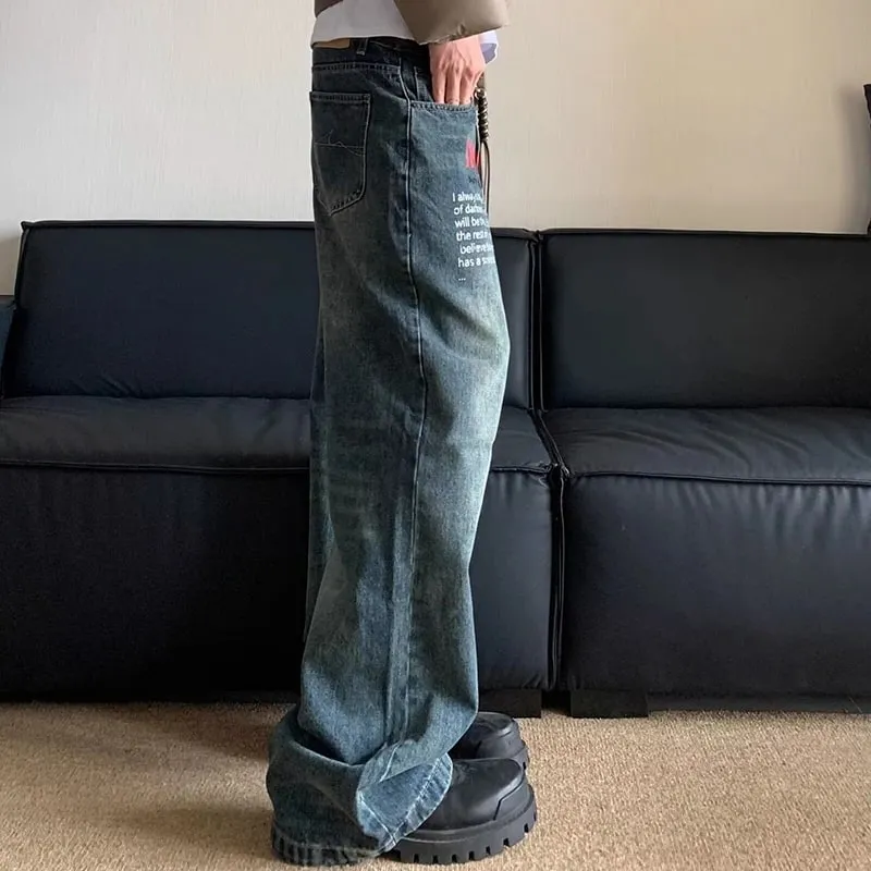 Korean Version Retro Letter Printed Jeans For Men Loose Straight Leg Wide Leg Pants High Street Hip-Hop Design Casual Pants