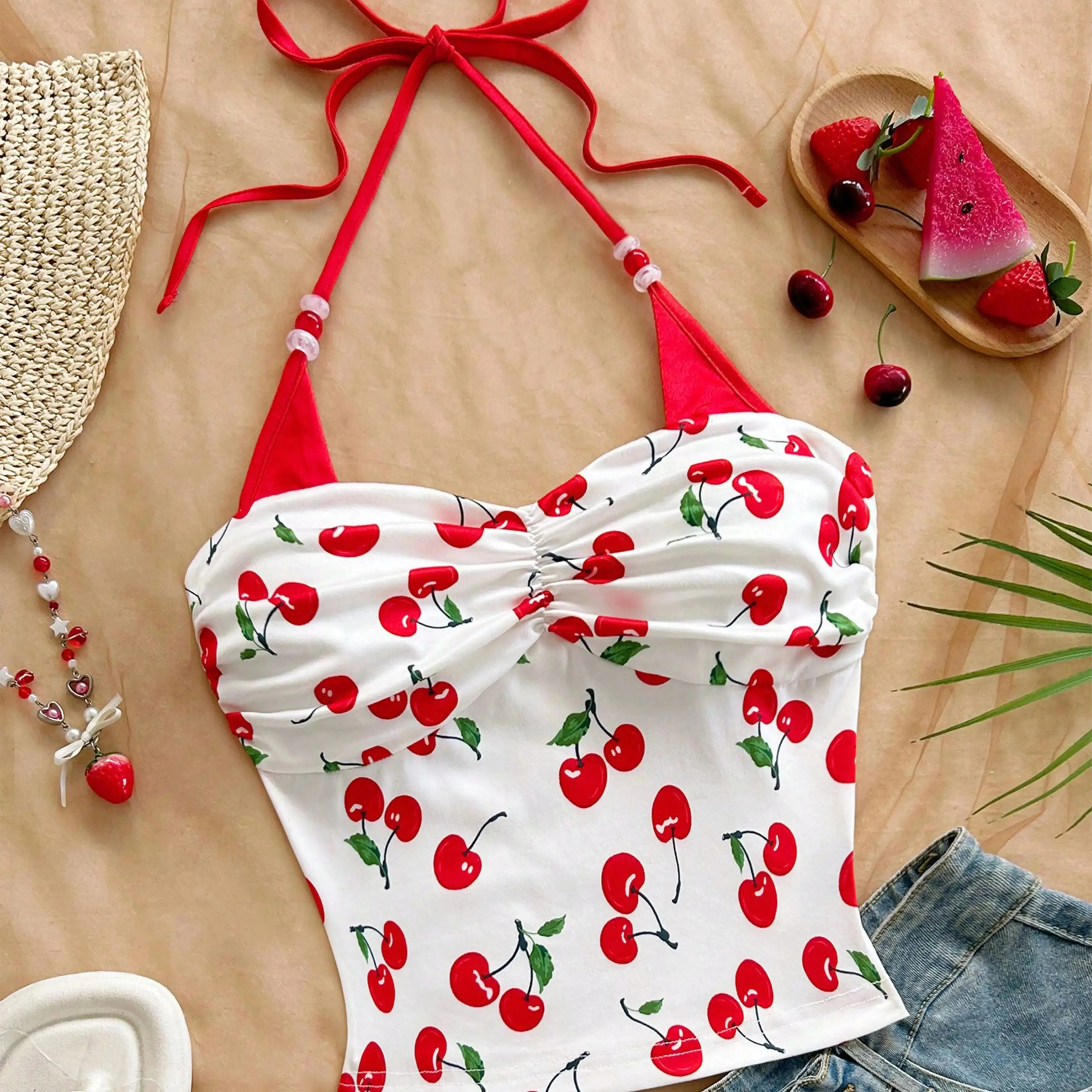 Women's Cherry Printed Color-blocking Beaded Halter Top Summer Beach Vacation Beach Party Summer Party