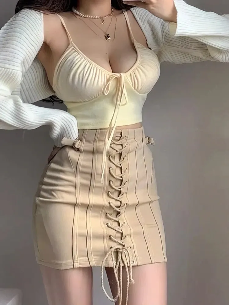 性感米色基本款胸罩上衣女式露肩背心搭配細肩帶 100% 棉緊身胸衣內衣可愛前蝴蝶結吊帶背心