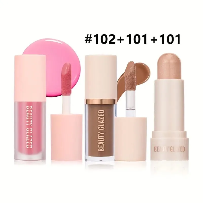 3pcs Face Highly Pigmented Liquid Contour Makeup Set Long Lasting Natural Contour Contouring Bronzer (Contour+Blush+Highlighter)