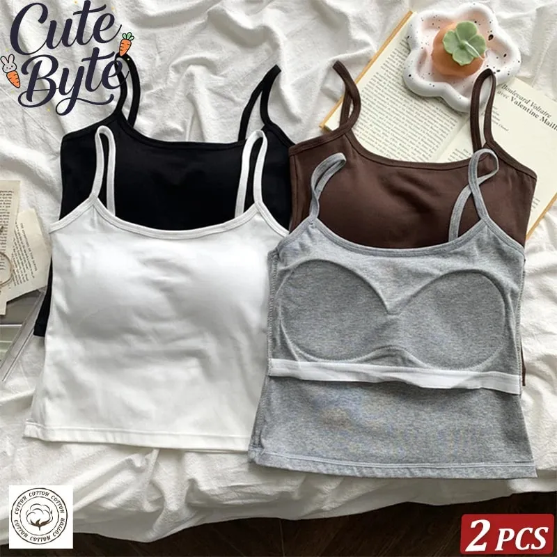 2 pçs/set feminino básico algodão camisola senhora cor sólida cintas de espaguete sem mangas coletes finos respirável curto sem mangas topos