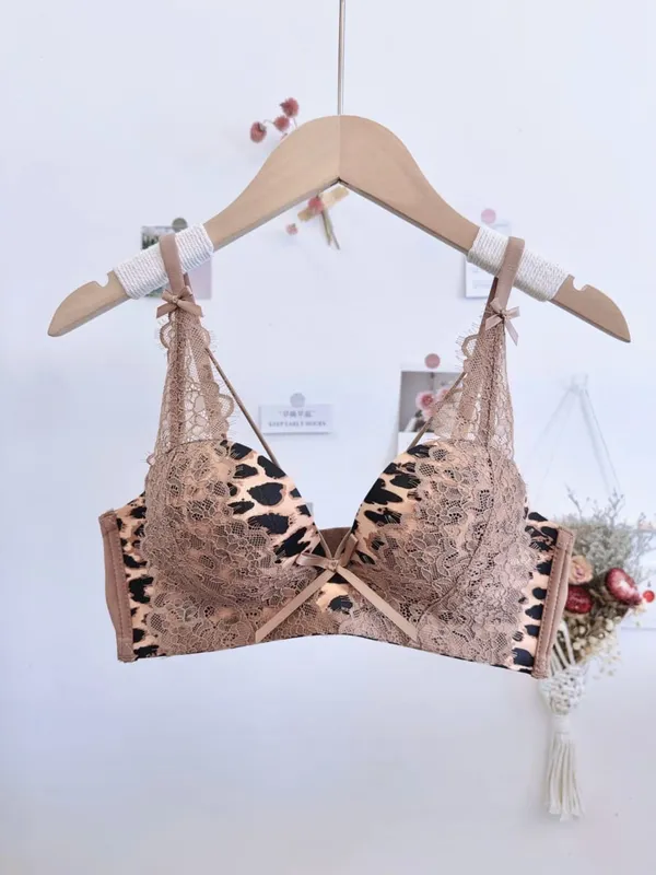 Leopard Print Cross Bust Push Up Bra Set 32‑38 Wireless Seamless Anti Sag Comfort Sexy Lingerie For Small Breasts
