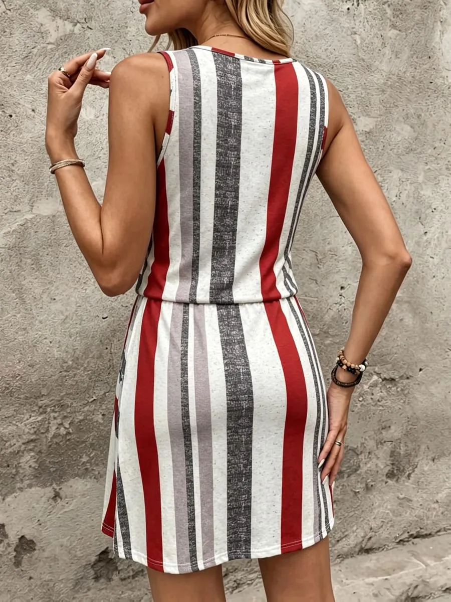 Vestido listrado vermelho branco e cinza estilo verão, estampa com cordão na cintura, sem mangas, adequado para vestidos femininos de praia e férias