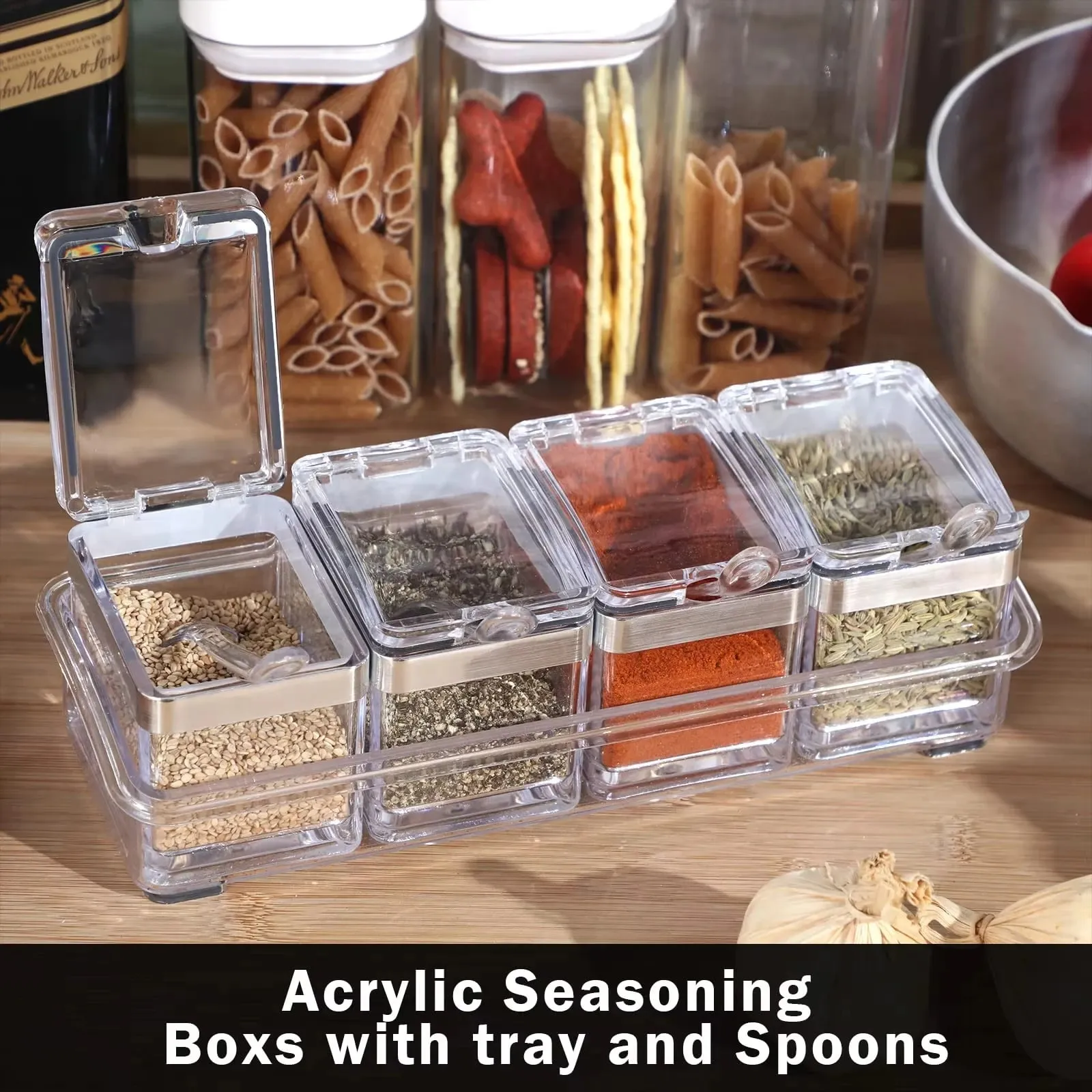 Acessórios de cozinha gourmet caixa de tempero acrílico com 4 colheres de servir conjunto frasco de especiarias condimento garrafa cruet suprimentos de cozinha