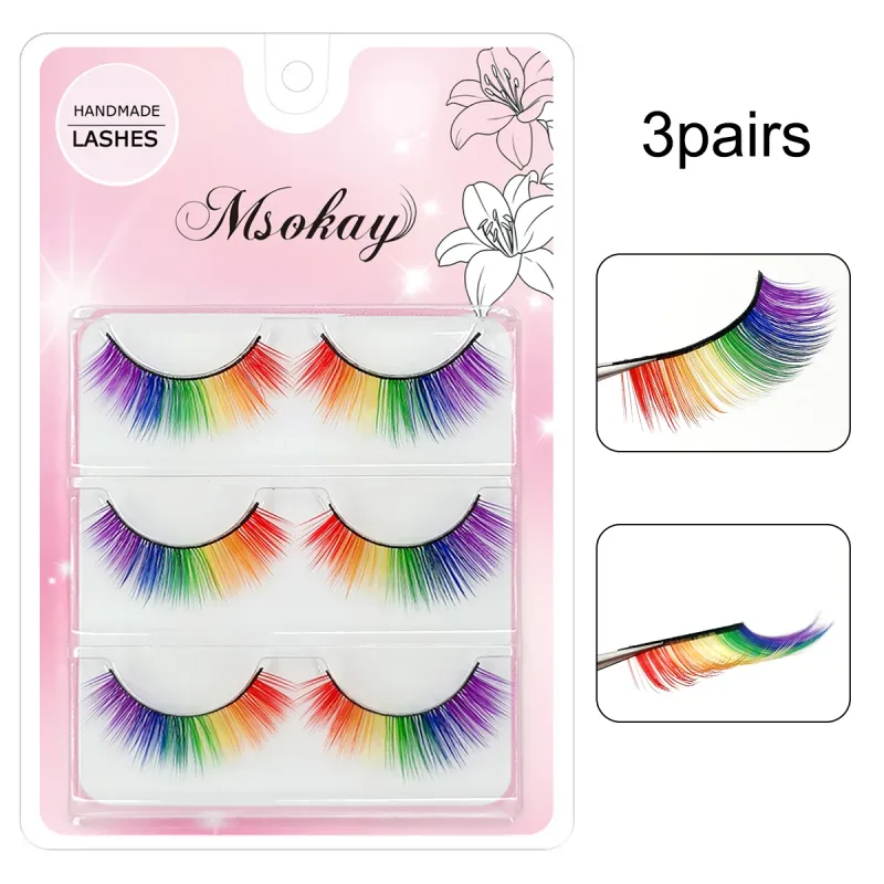 3 Pairs 3D Fluffy Colorful Eyelashes False Eye Lashes Rainbow Colors Cilia for Dolls Makeup Fake Lashes Long Eyelash Extension