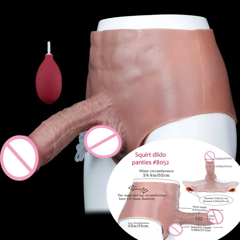 黑色裸體震動器大逼真射精假陽具矽膠噴出內褲帶模擬固體陰莖性玩具女式
