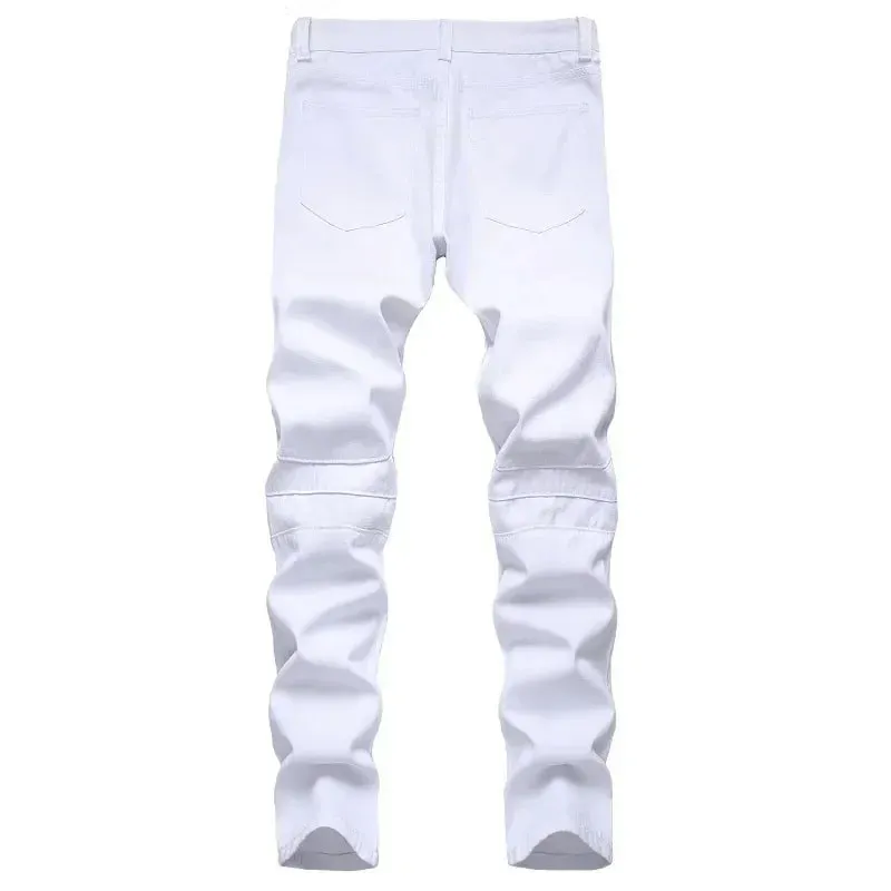 New Men's Slim Jeans White Motorcycle Trendy Casual Patchwork Denim Trousers Fashion Tight Folding Male Pants (without Belt)