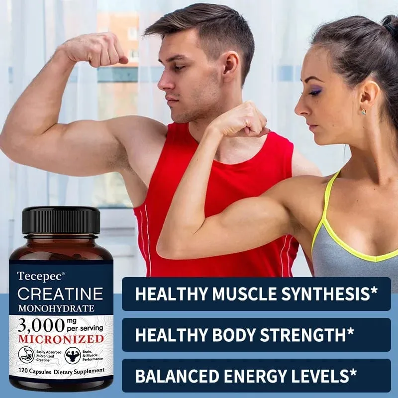Cápsulas de Creatina Monohidratada 3000 mg Apoiam o Pré-Treino e Músculos Saudáveis, Foco e Memória Fácil de Absorver Fácil de Engolir