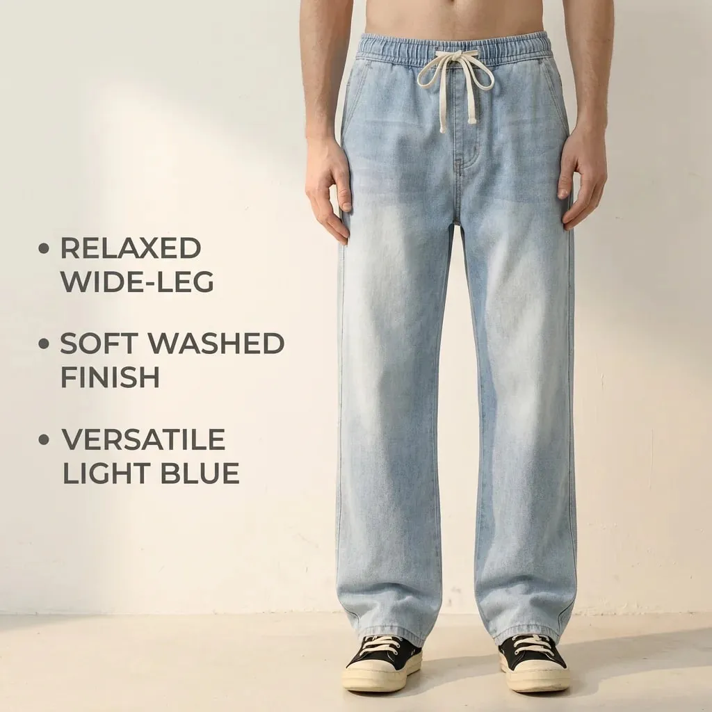 Calça jeans solta masculina, azul claro, cintura elástica, cordão, primavera, verão, outono e inverno, versátil, confortável, ajuste casual, calças jeans