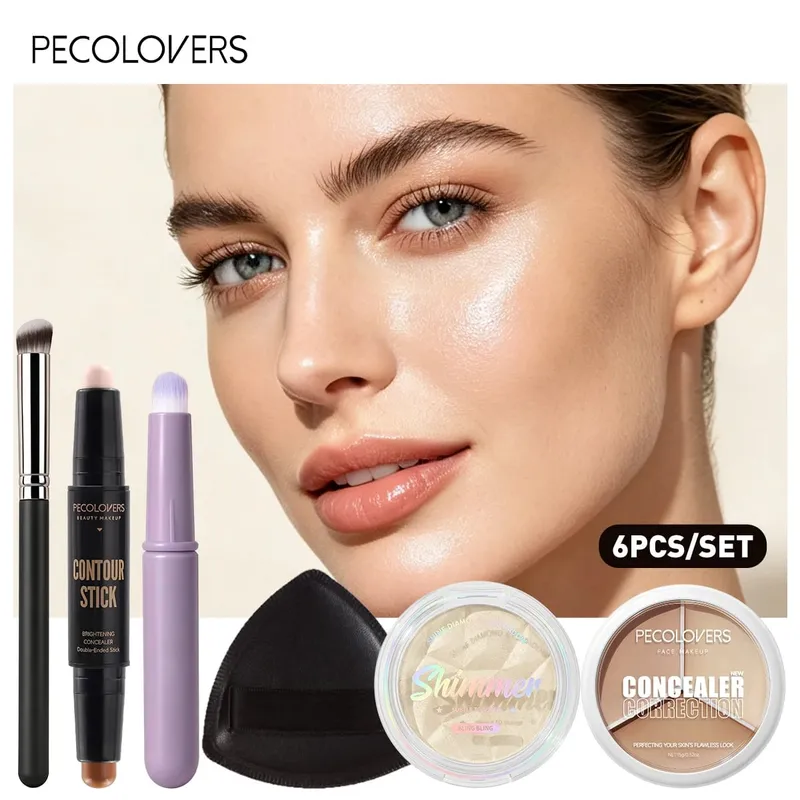 6PCS/SET Three-color Concealer Double-head Contour Stick Sparkle Highlight Palette Puff And Makeup Brush Set