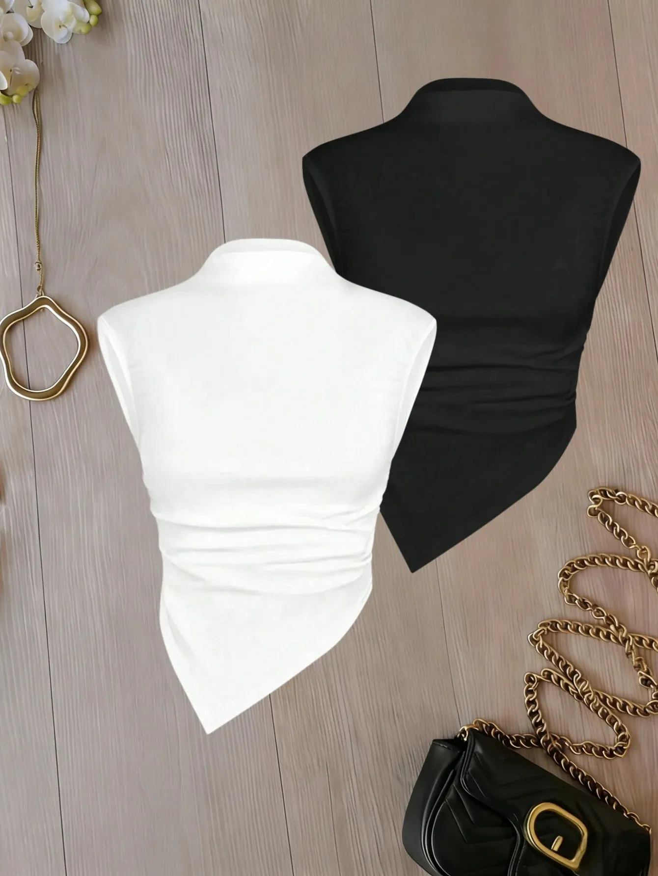 Conjunto feminino com gola simulada, sem mangas, bainha assimétrica, 2 pacotes, cor sólida, cami