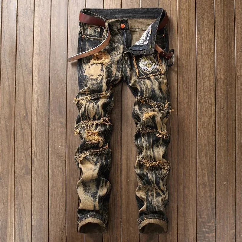 Jeans americanos vintage de perna reta para homens, com detalhes rasgados desgastados, patchwork e corte cônico estilo urbano.