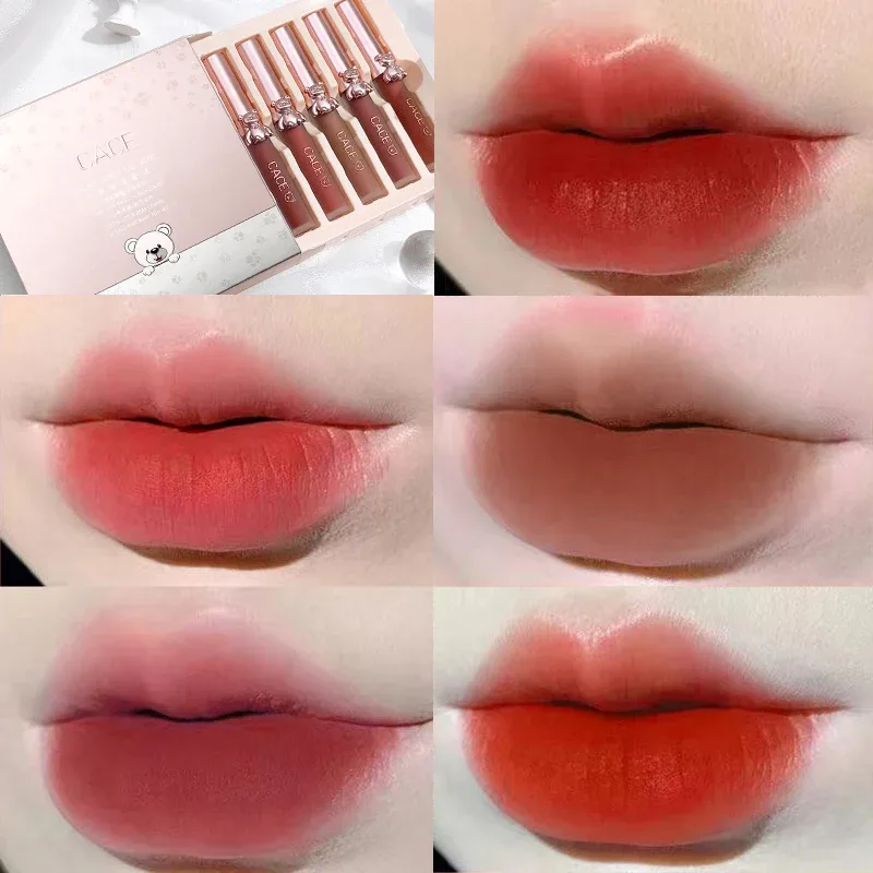 5 cores conjuntos de maquiagem lipgloss batom líquido à prova dwaterproof água fosco duradouro veludo lama labial sexy vermelho moda mancha labial cosméticos