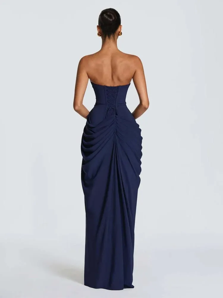 Elegante sólido plissado sem alças maxi vestido amarelo fora do ombro sem costas cintura alta dividir robe 2026 nova senhora vestido de festa à noite