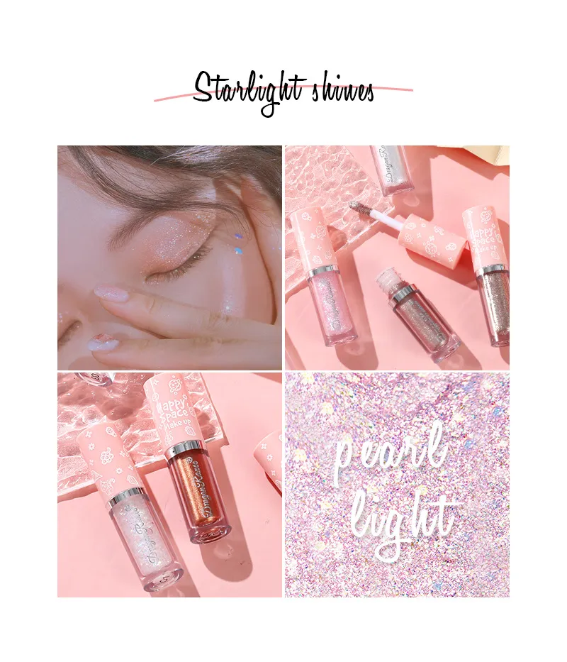 Sombra perolada com glitter líquido, maquiagem de longa duração, delineador brilhante, caneta de bicho da seda, iluminador cosmético