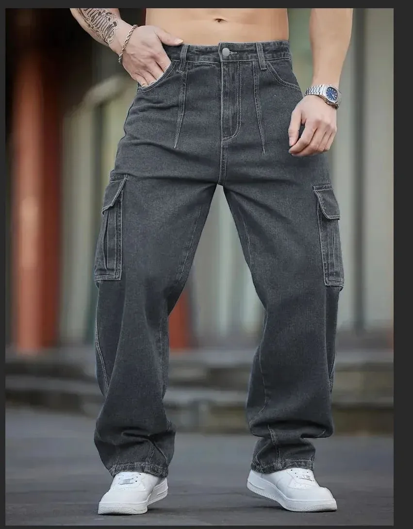 Men's Deep Blue Washed Denim Workwear Jeans Casual Multiple Pockets Design Loose Wide Leg Trousers Y2K Style Cargo Pants — image 3