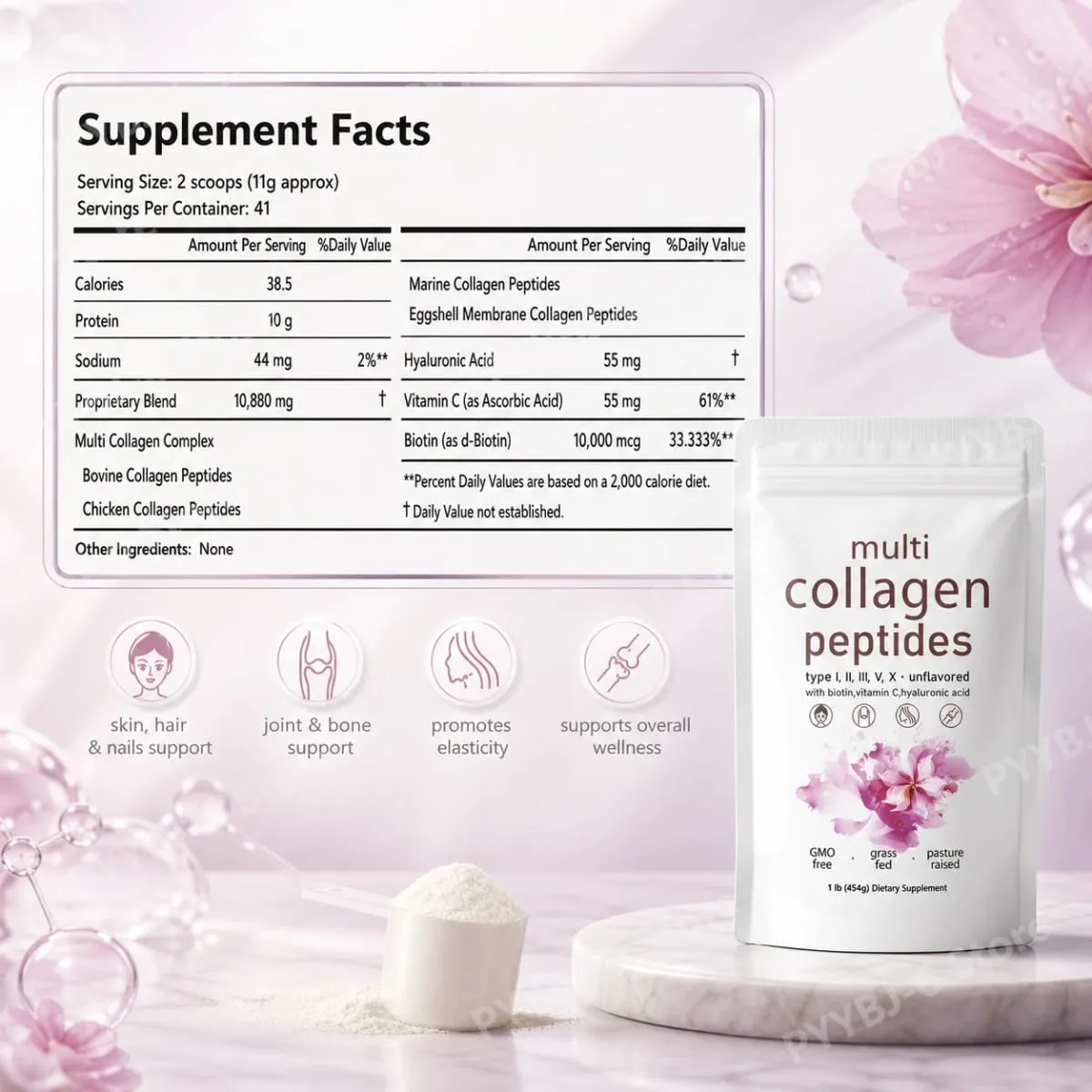 Multi Peptídeos de Colágeno em Pó 454g Mistura de Colágeno Sem Sabor com Vitamina C Biotina Ácido Hialurônico Pele Cabelo Unhas Suporte