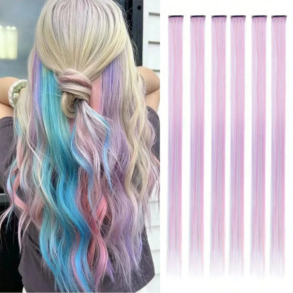 6 unidades/pacote colorido festa destaques clipe em extensões de cabelo 22 polegadas multi-cores cabelo liso sintético postiços — image 26
