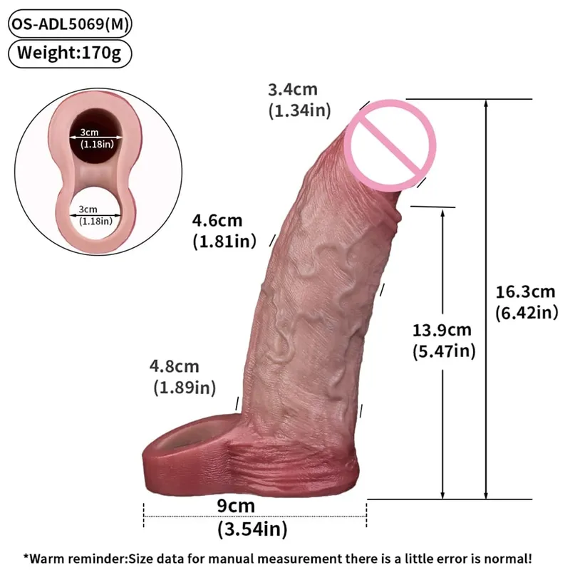 Luva reutilizável para pênis com cabeça fechada realista e anel peniano para ampliação do pênis, atraso na ejaculação, brinquedos sexuais para homens