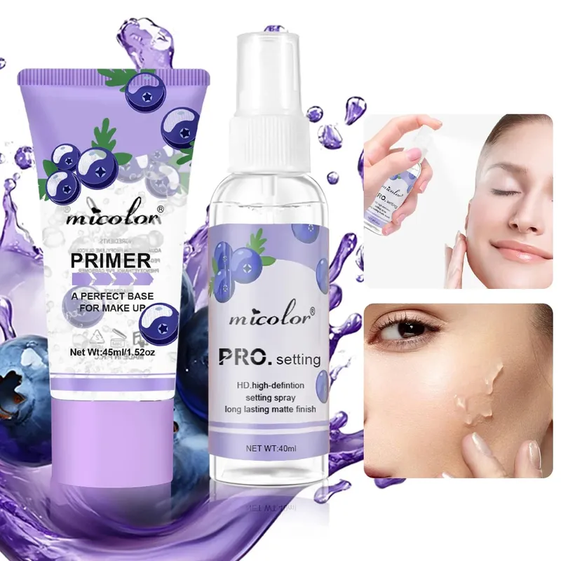 Conjunto de maquiagem de primer de maquiagem + spray de configuração invisível poros renderização de cor segurar maquiagem para base de maquiagem e acabamento de maquiagem