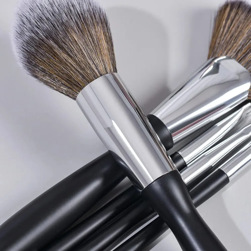 Pincéis de maquiagem pretos, rótulo privado, base em pó, blush, sombra, conjunto de pincéis de cabelo natural, atacado, 5 conjuntos