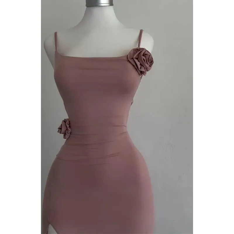 Sexy sem mangas vestido de fenda a céu aberto elegante tridimensional rosa vestido fino 2025 verão moda senhoras festa clube vestidos — image 4