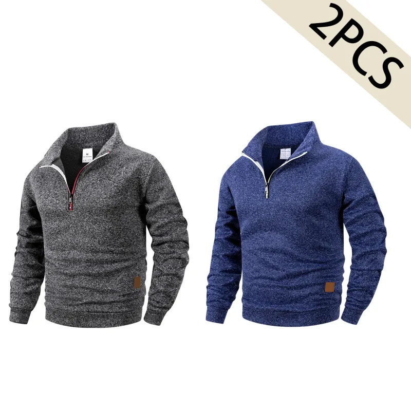 Conjunto de 2 peças homem 1/4 zíper camisola gola simulada, pulôver forrado de lã com punhos canelados casuais quentes para o outono inverno desgaste diário