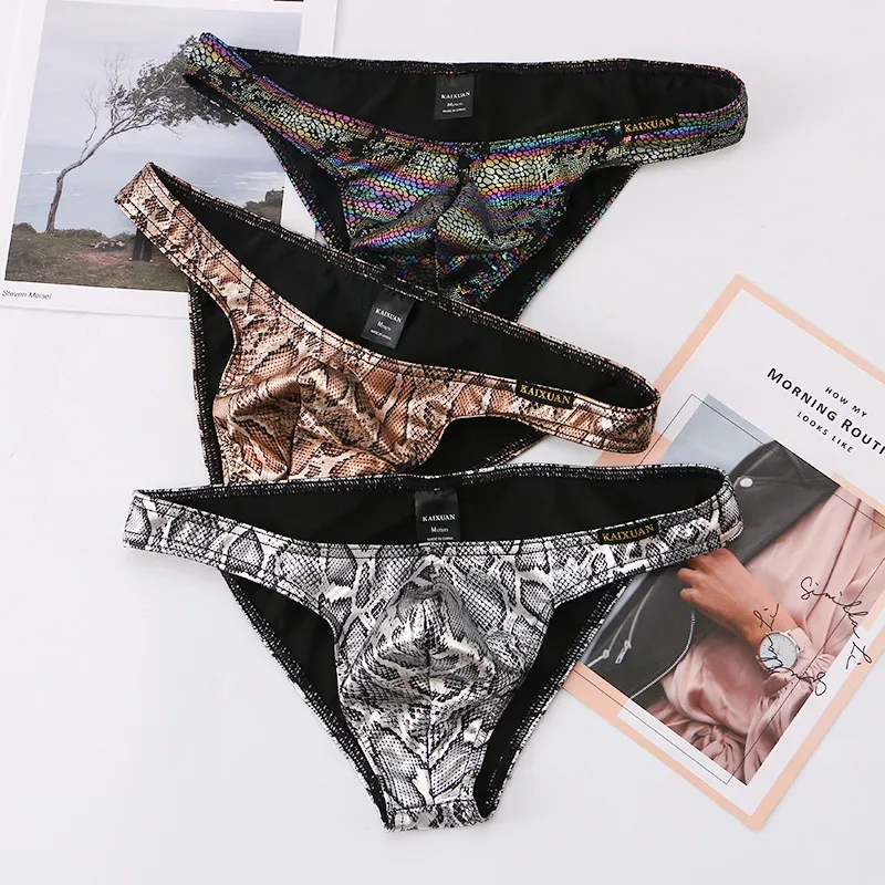 Cuecas masculinas estampadas de pele de cobra com bolsa de protuberância sexy cueca de biquíni confortável da marca WANGJIANG